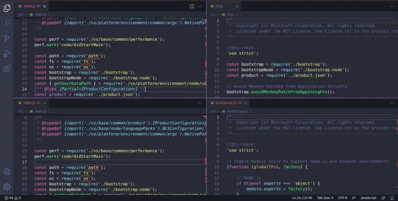 Split Mode in VS Code where multiple files are opened in a grid like arrangement