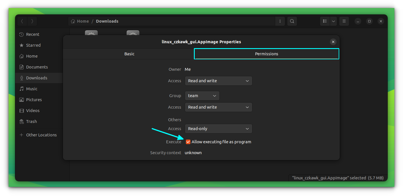 Select “Allow executing file as program” option on the permissions tab in properties dialog box.