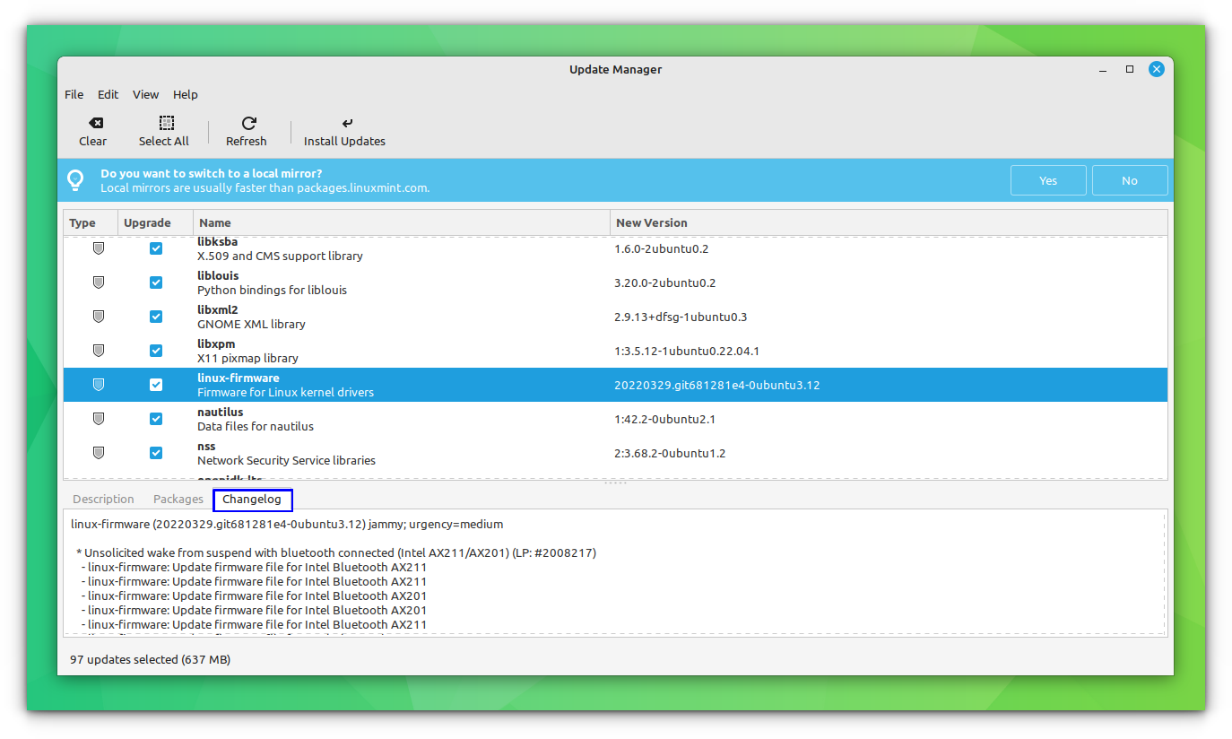 Linux Mint pdate Manager displaying the changelog of linux-firmware package before updating