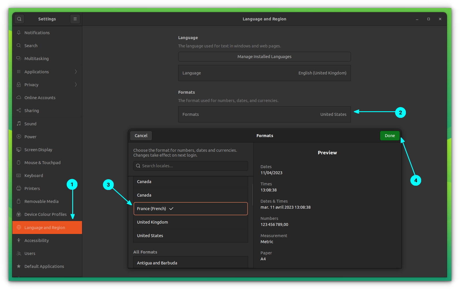 Change Date and other Format using System Settings' "Language and Region" Tab