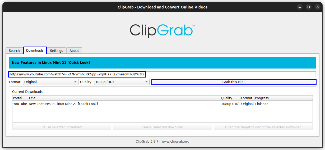Pasting URL and Setting up Video quality to download in Clipgrab
