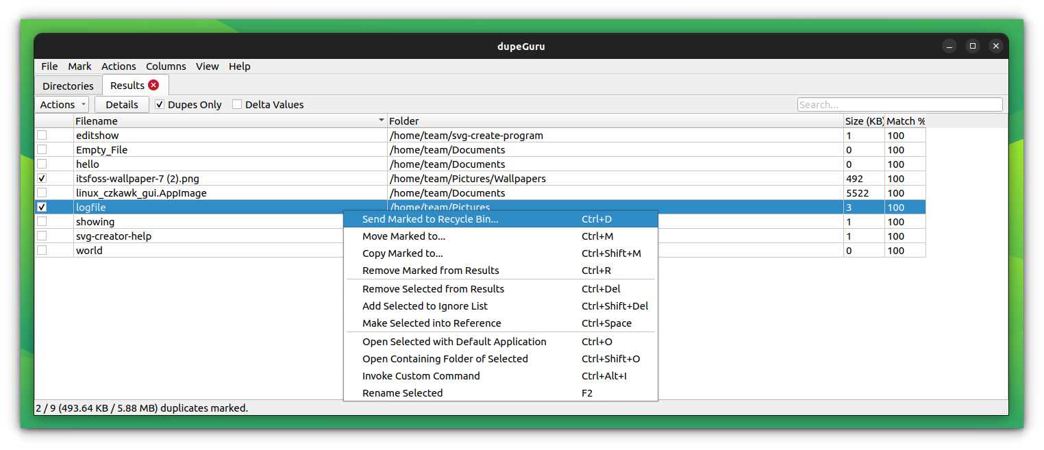 Select further actions for duplicate files by selecting and right-clicking