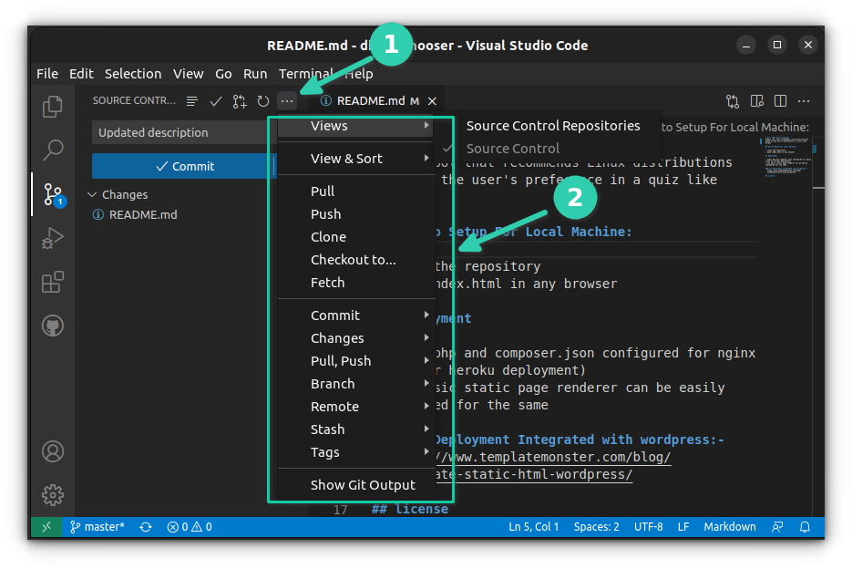 VS Code donne toutes sortes d'actions Git à effectuer