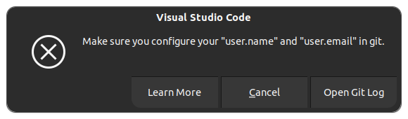 Erreur dans VS Code si le nom d'utilisateur et l'e-mail Git ne sont pas définis