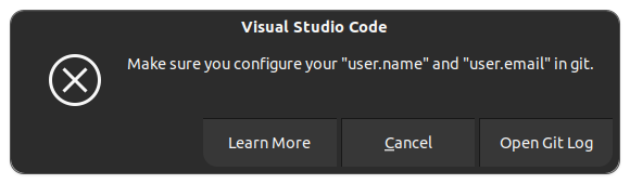 Error in VS Code if Git username and email is not set