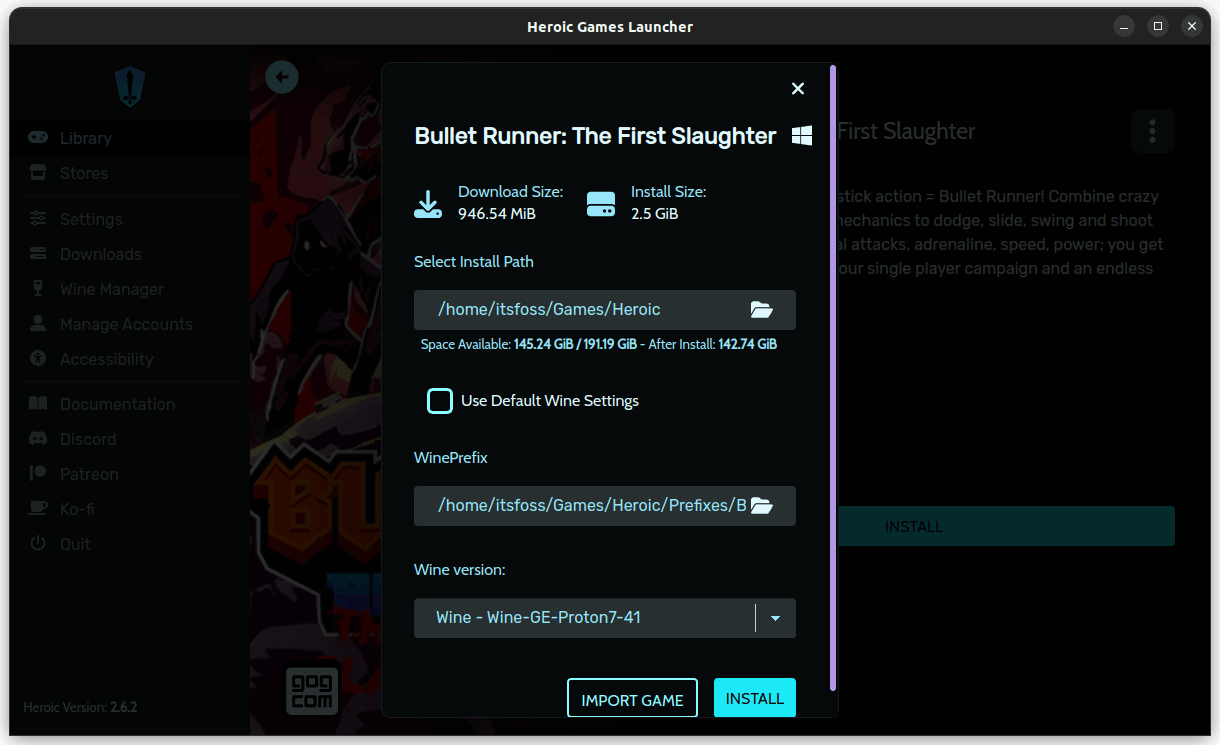 gog game installation screen on heroic games launcher selecting the install path, wine, and more