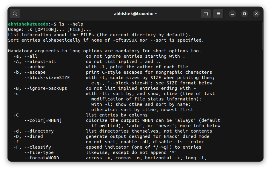 Utilisation de l'option d'aide des commandes Linux