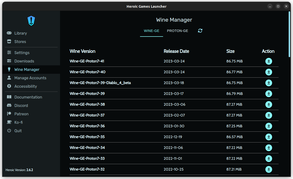 wine manager répertoriant plusieurs versions de wine/proton sur le lanceur de jeux héroïques