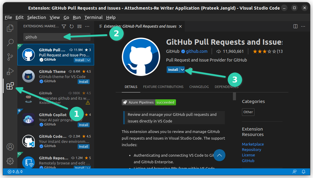 Installation de l'extension GitHub dans VS Code