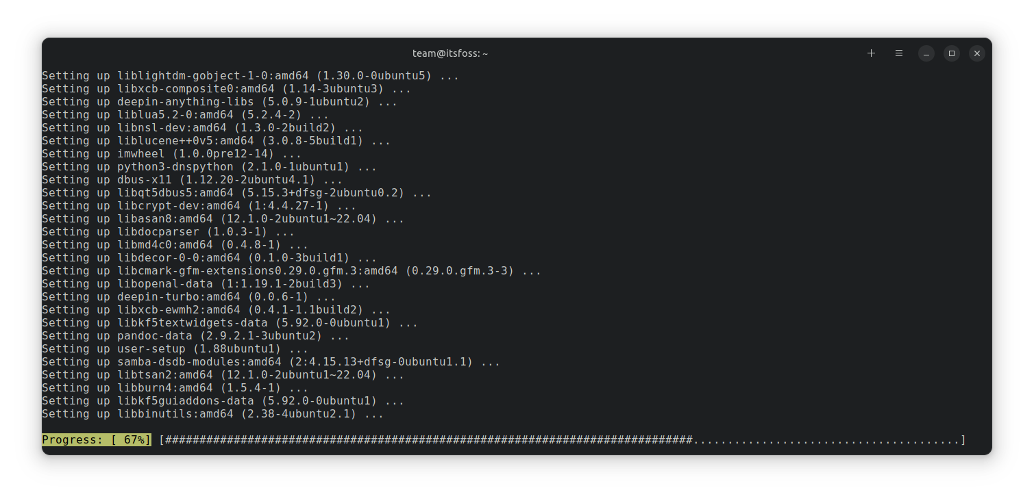 Installing Deepin Desktp Environment in Ubuntu 22.04 LTS. The terminal installation progress screen.