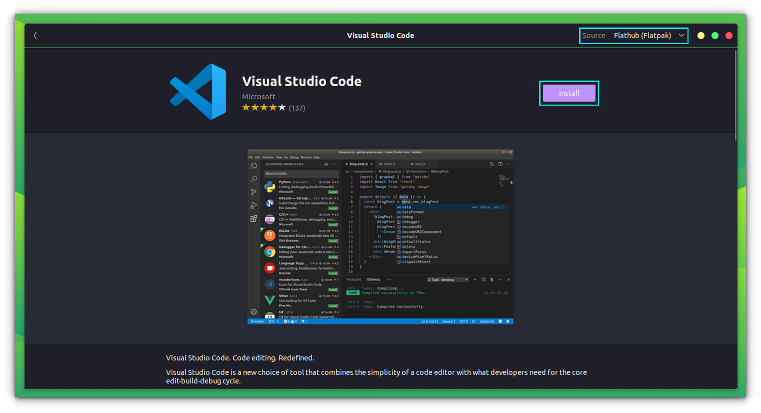 Install VS Code as a Flatpak application from supported Software Center