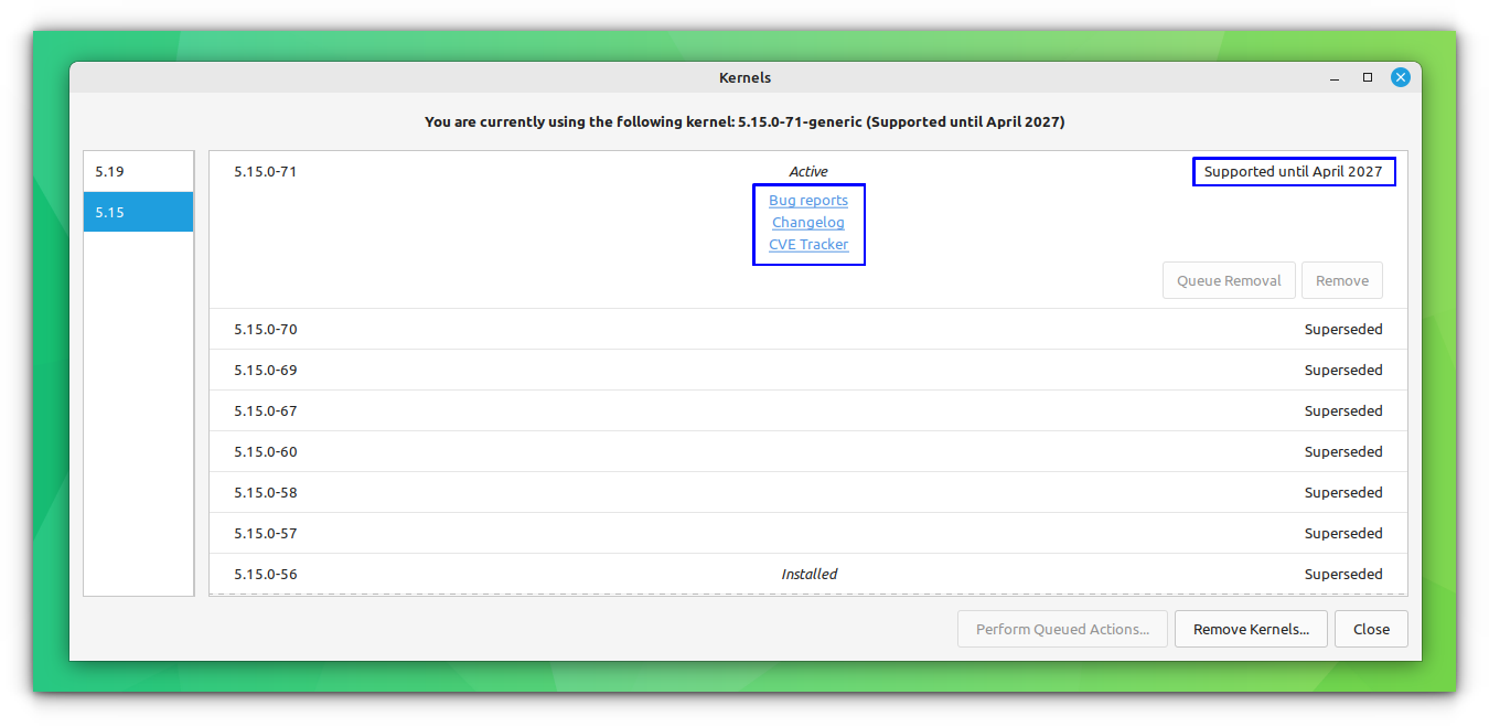 Linux Mint Update Manager showing the details about installed/available kernels