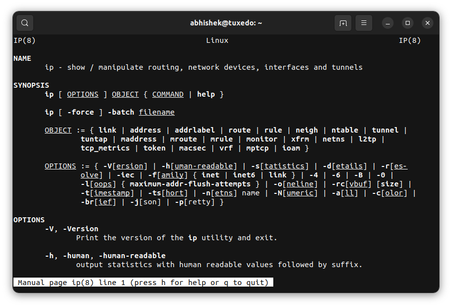 Un exemple de page de manuel de la commande ip sous Linux