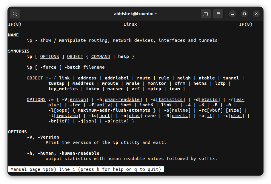 An example manpage of the ip command in Linux