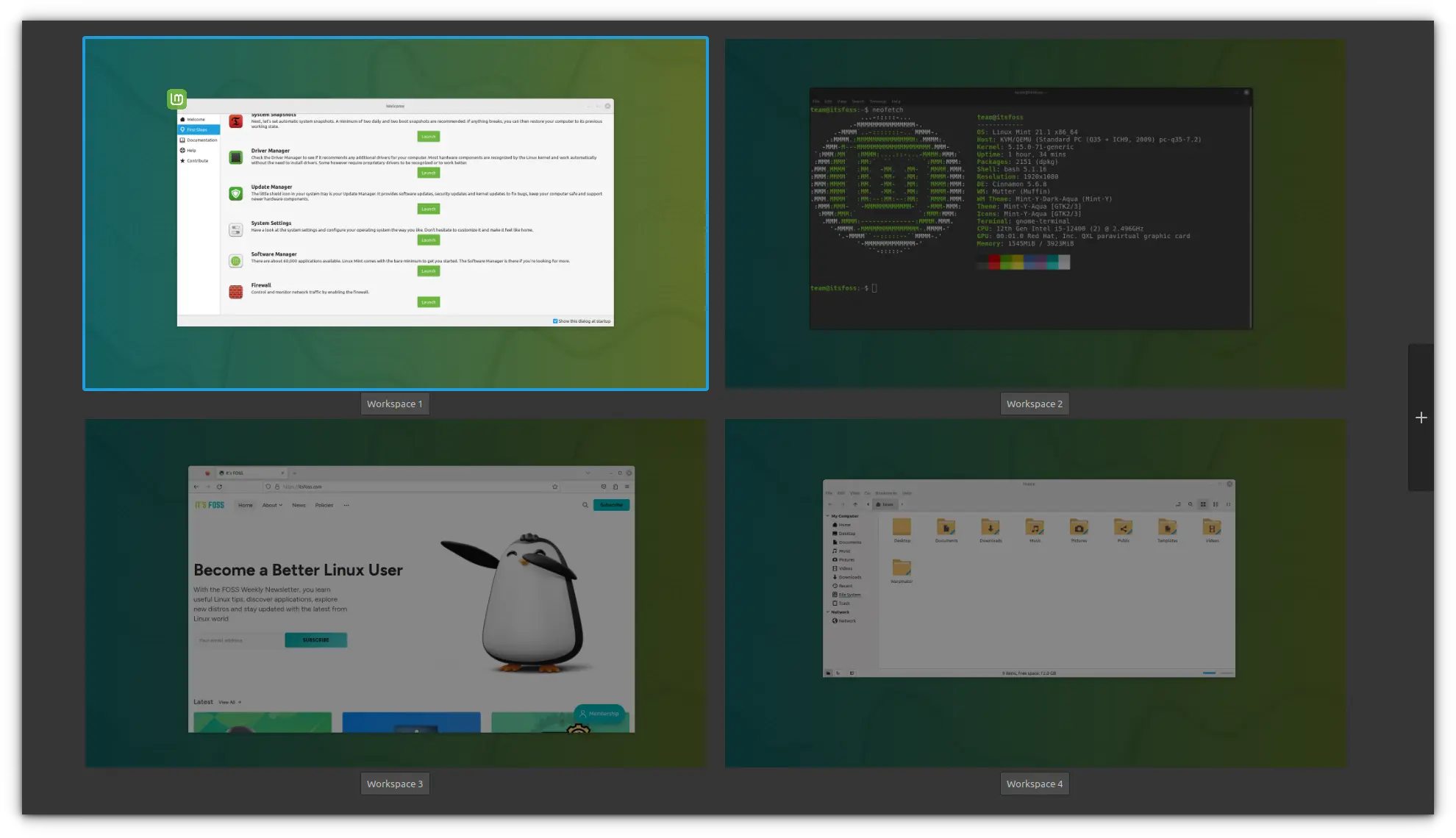 4 Workspaces are shown, similar to GNOME Dash. Separate windows are opened in all workspaces, which is visible in the overview type mode 