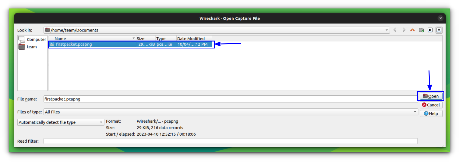 Open a saved packet from file, by opening them from "File - Open". Or use CTRL + O to select file from file manager