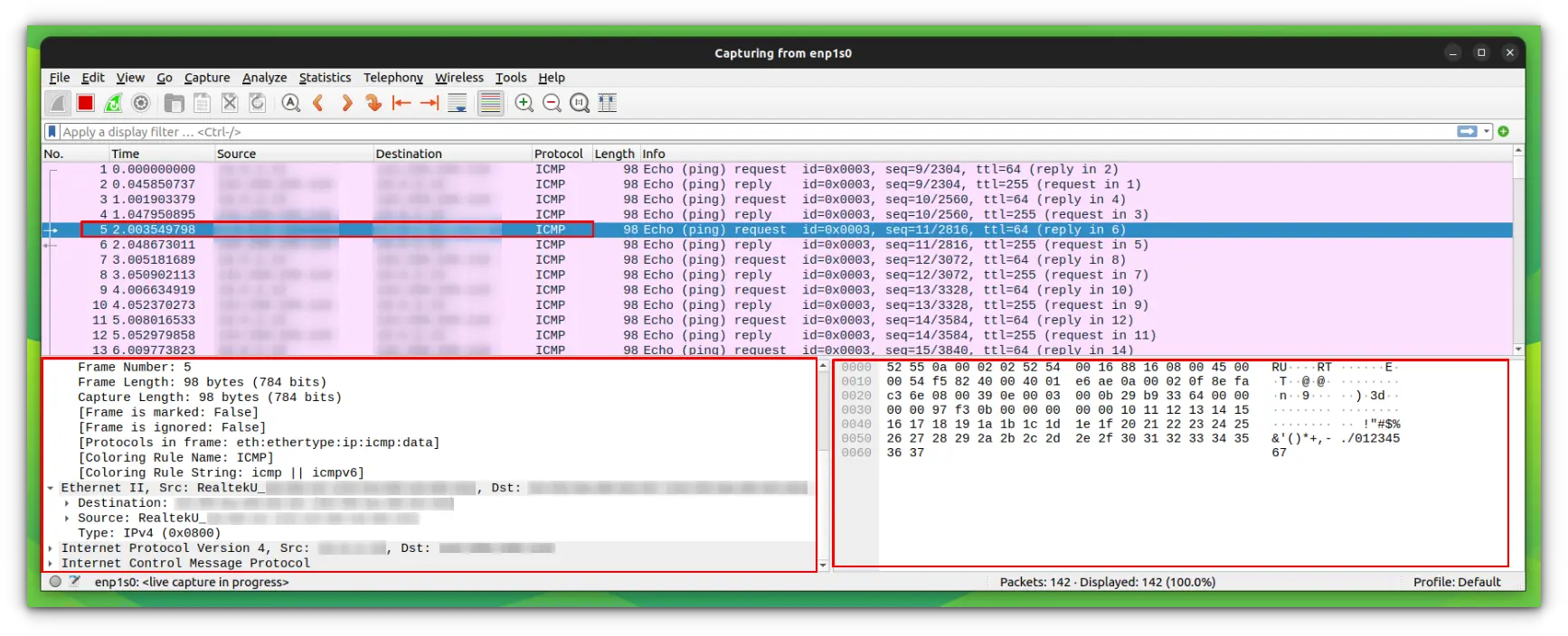 Detailed information about the packets captured