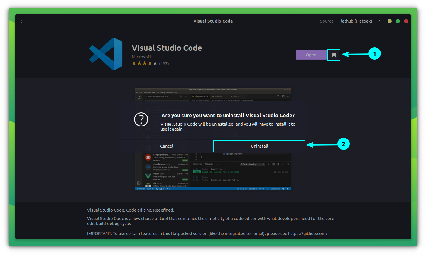 Remove VS Code Flatpak application through software center