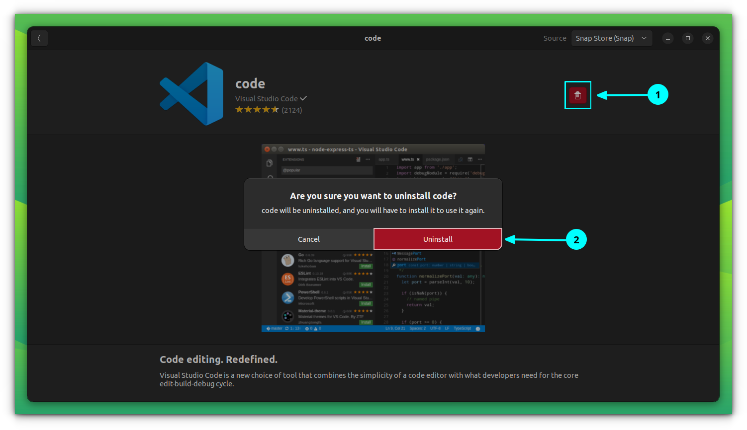 Remove the VS Code Snap application through Software Center