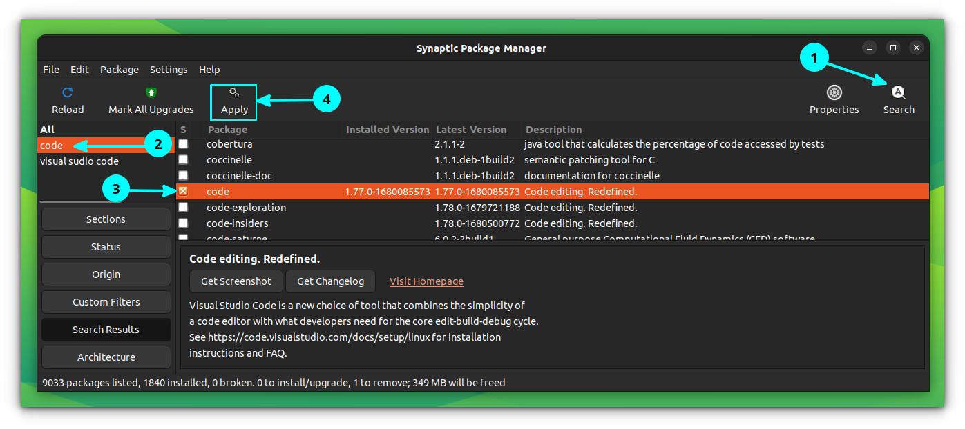 Remove VS Code application installed through DEB file using Synaptic package manager