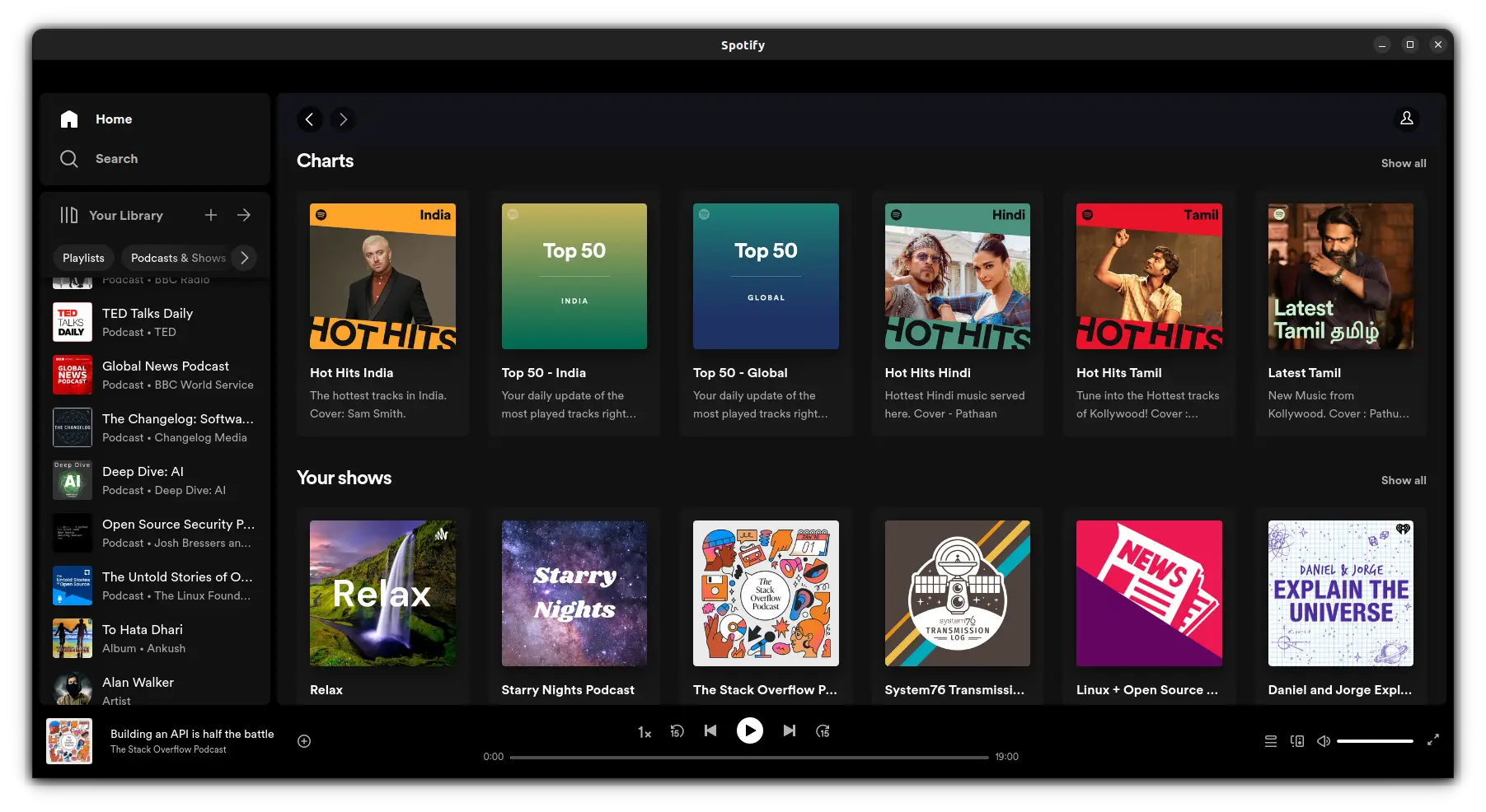 Spotify desktop application interface. Installed on Ubuntu