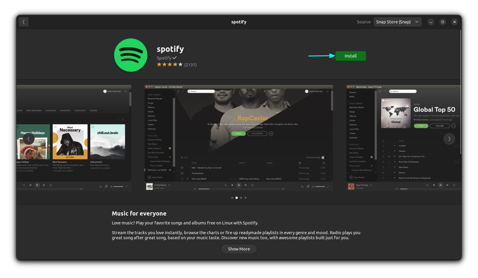 The snap application of Spotify in Ubuntu Software Center. Use the Install button.
