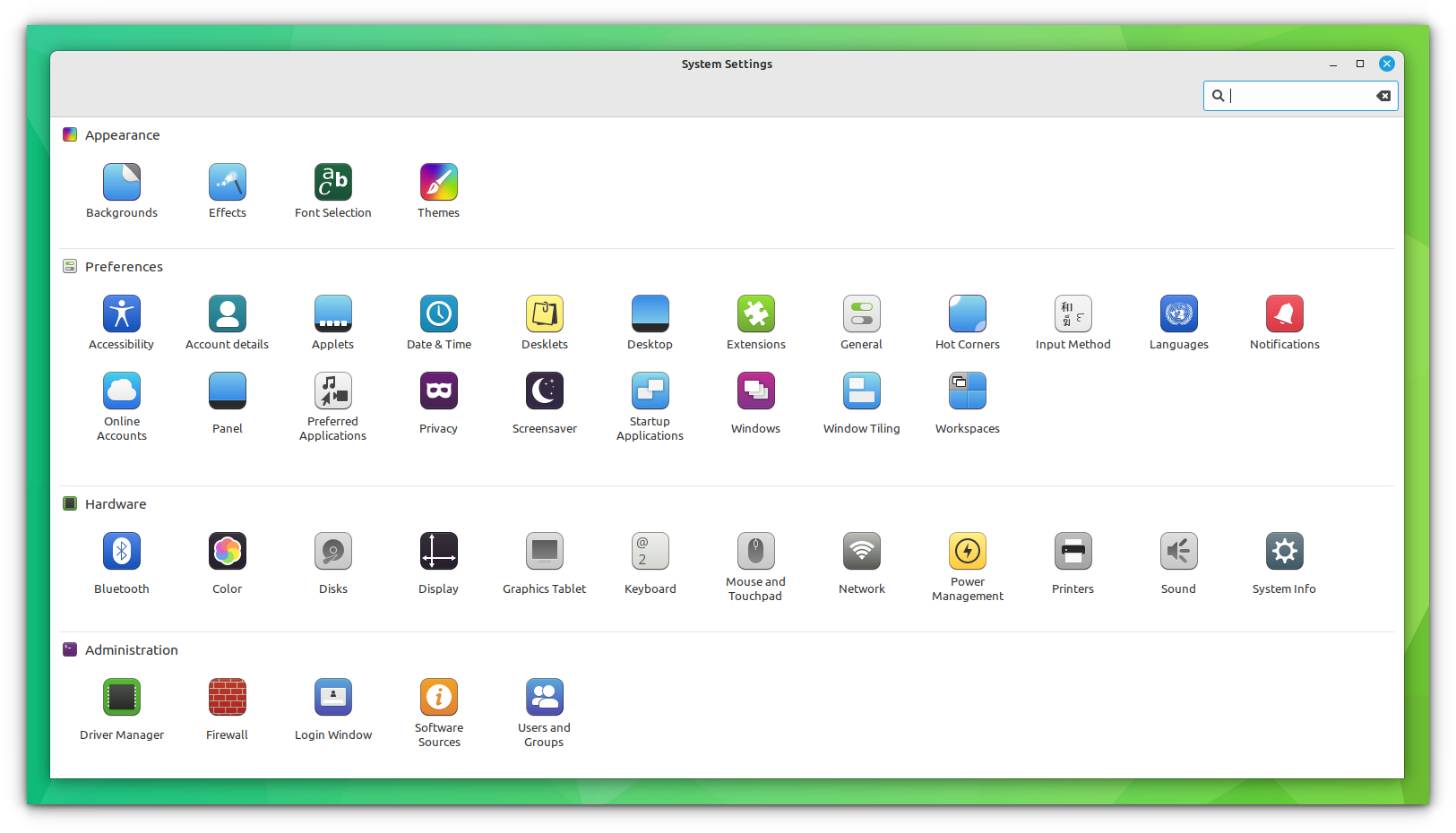 Linux Mint System Settings page, where various options are present in icon view