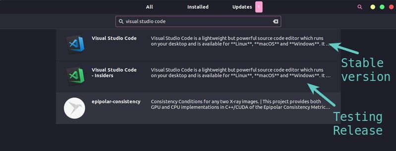 Stable and Testing version of VS Code Snap application in Ubuntu Software Center