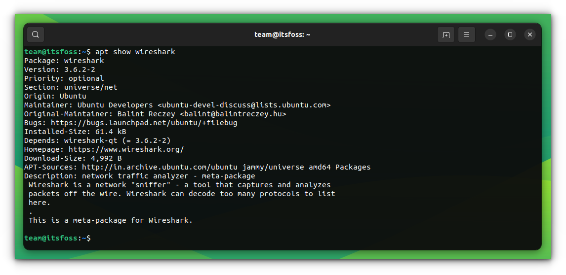 Details of Wireshark package available in default Ubuntu repositories displayed with "apt show" command