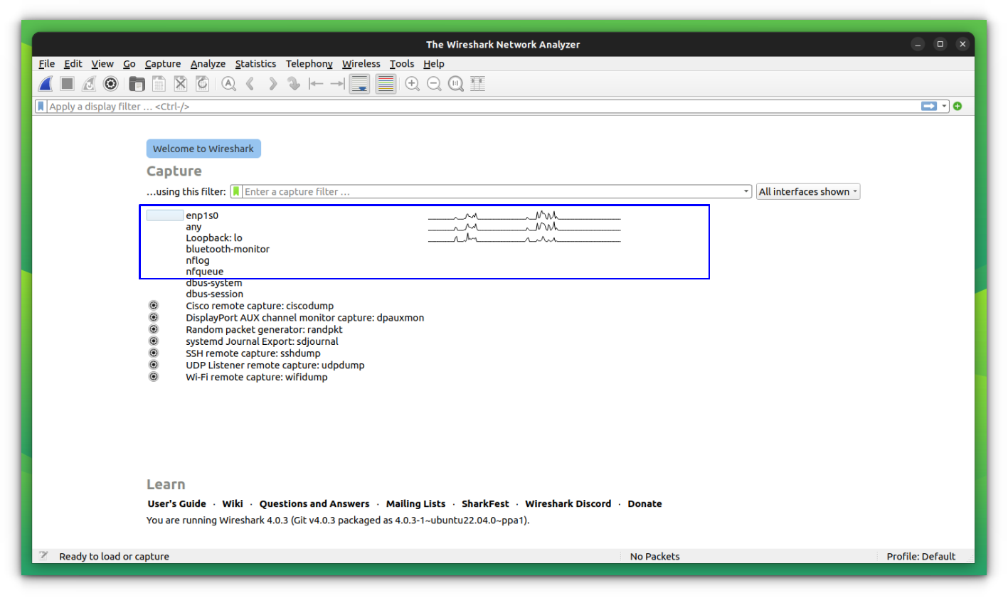 Home screen of Wireshark Network Analyzer, where all the available interfaces are shown