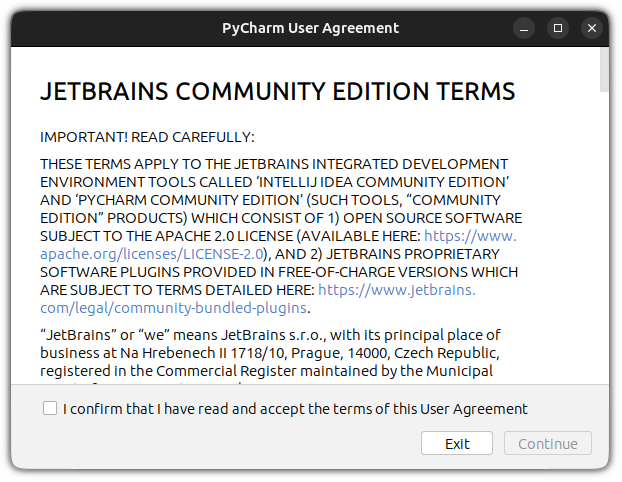 Terms and conditions to use PyCharm on Ubuntu