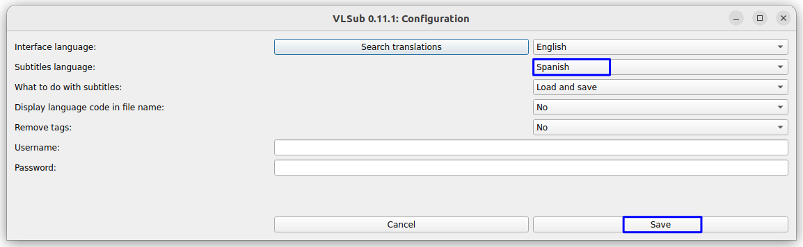 VLsub configuration page, where you can add many details such as subtitiles language, interface language etc.