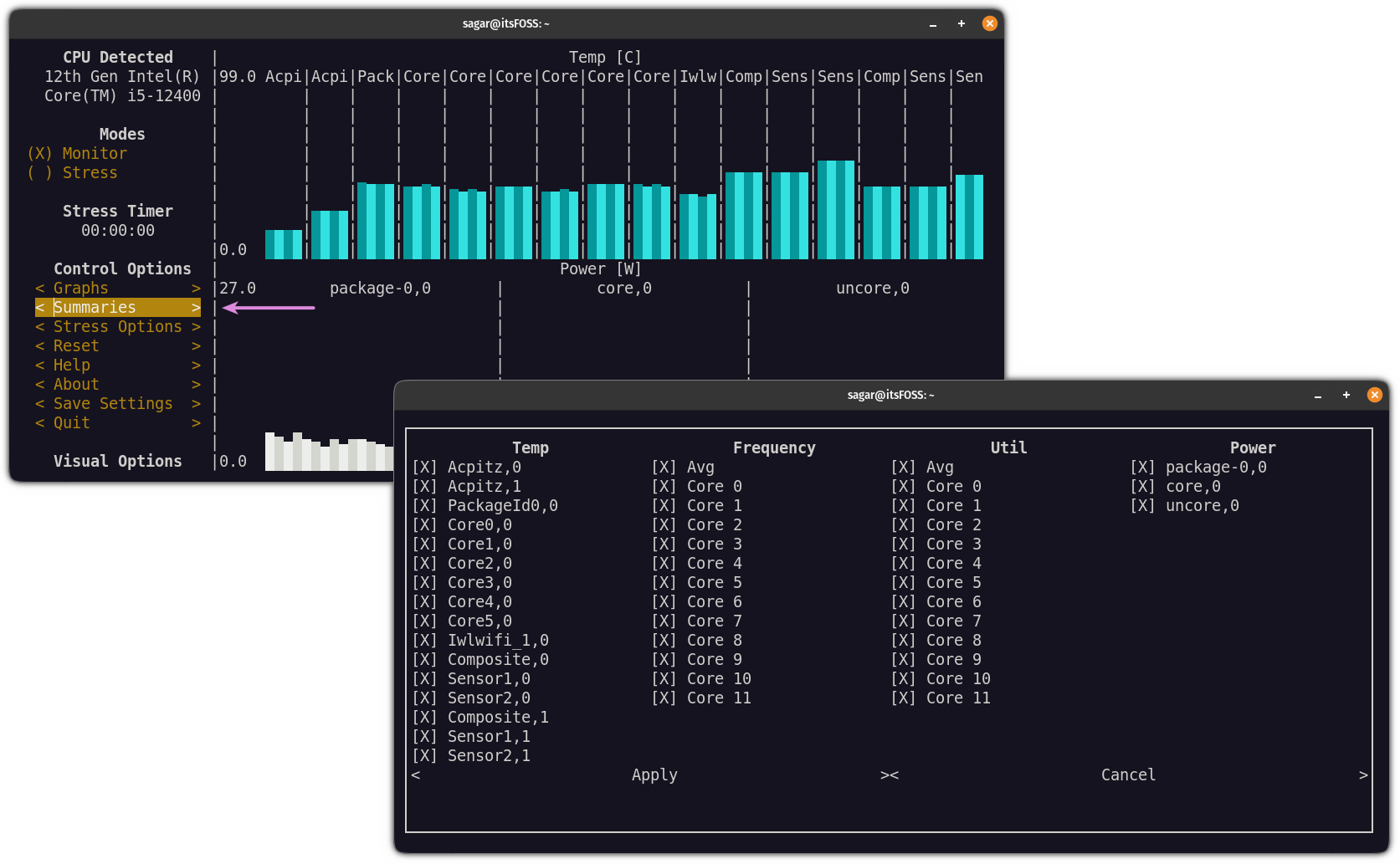 change the summary section with s-tui