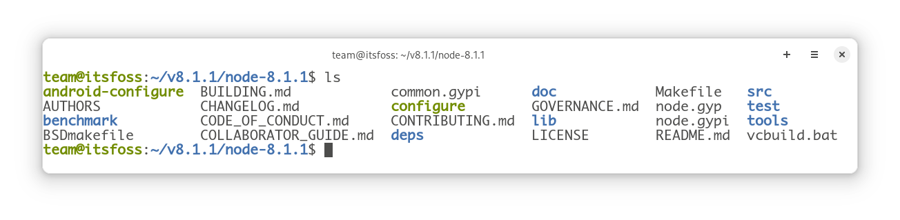 Contents of the Node.js cloned git repository is displayed using "ls" command
