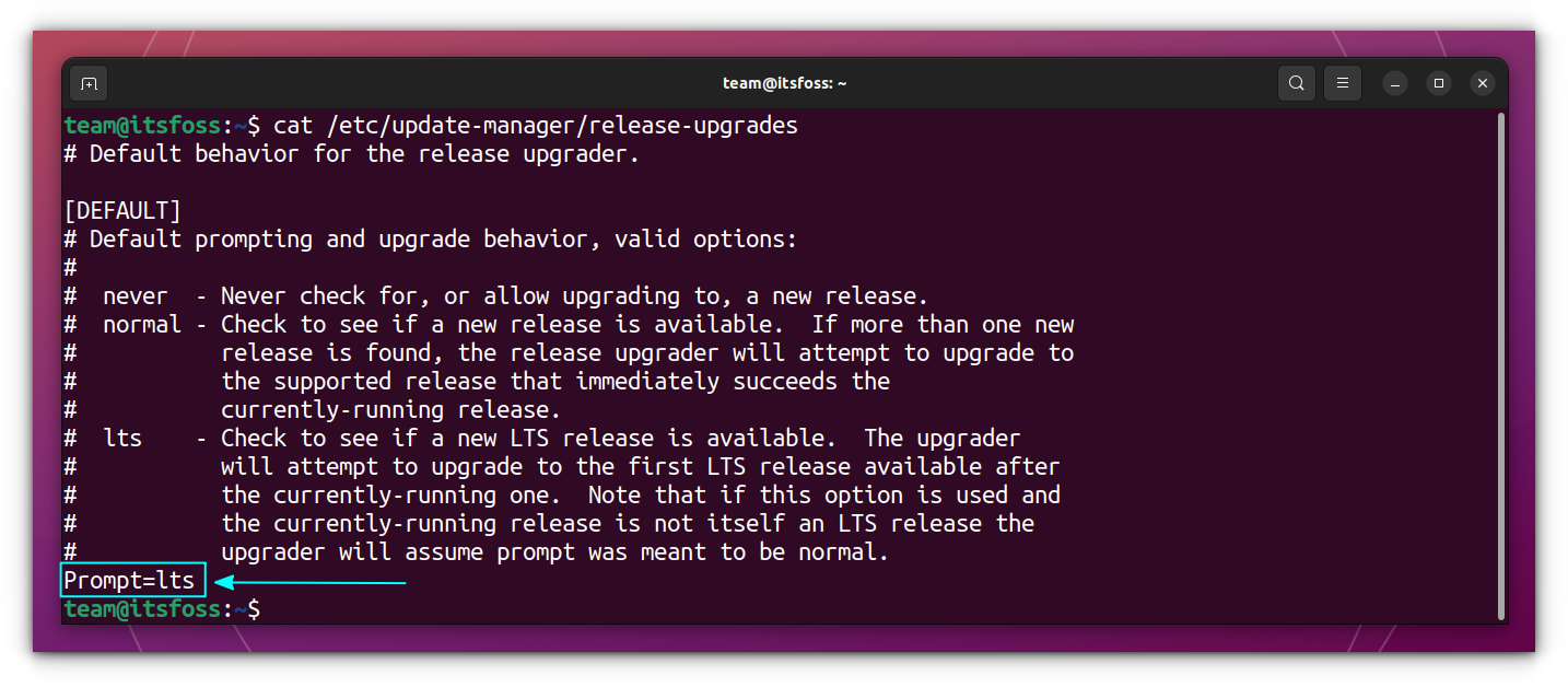 Prompt set to LTS "/etc/update-manager/release-upgrades" file