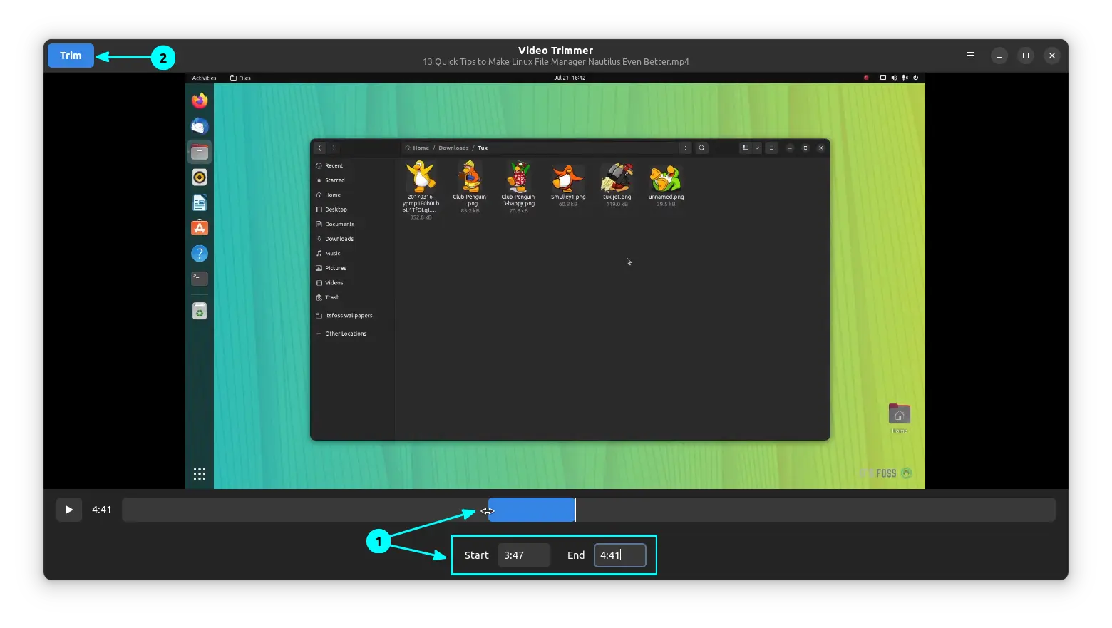 Options available in Video Trimmer application to select the required area to trim