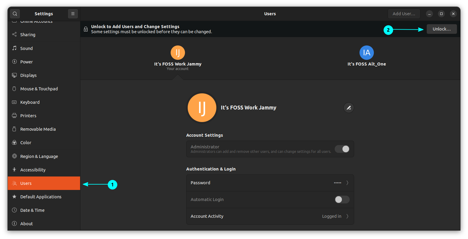 Go to Users in Ubuntu GNOME settings and Unlock the section using the current logged in user password