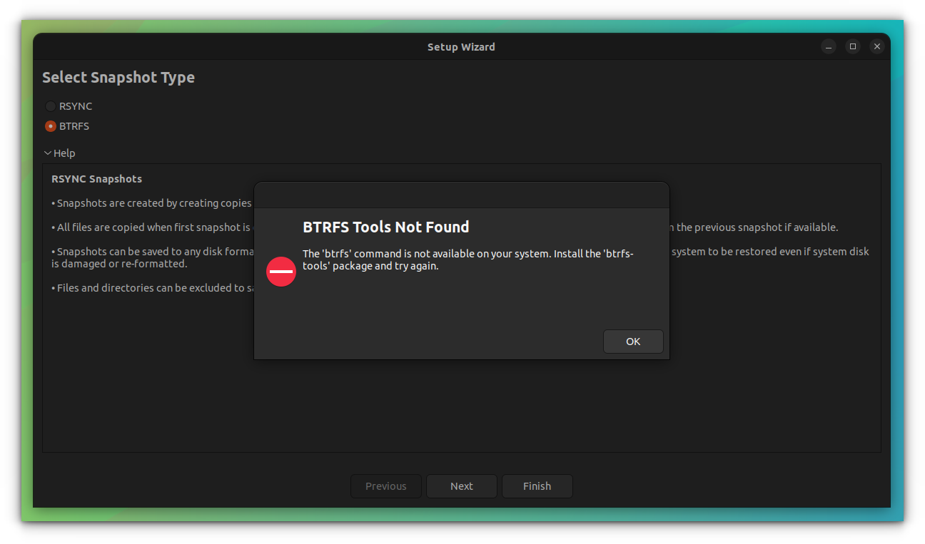 If you select Timeshift's BTRFS option in a non-BTRFS system, it will throw you an error