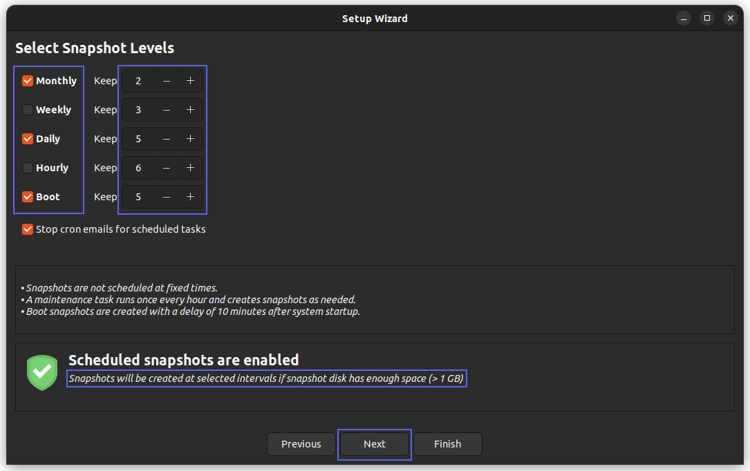 Timeshift's Snapshot scheduling window, where you can set the intervel and number of copies to be saved.