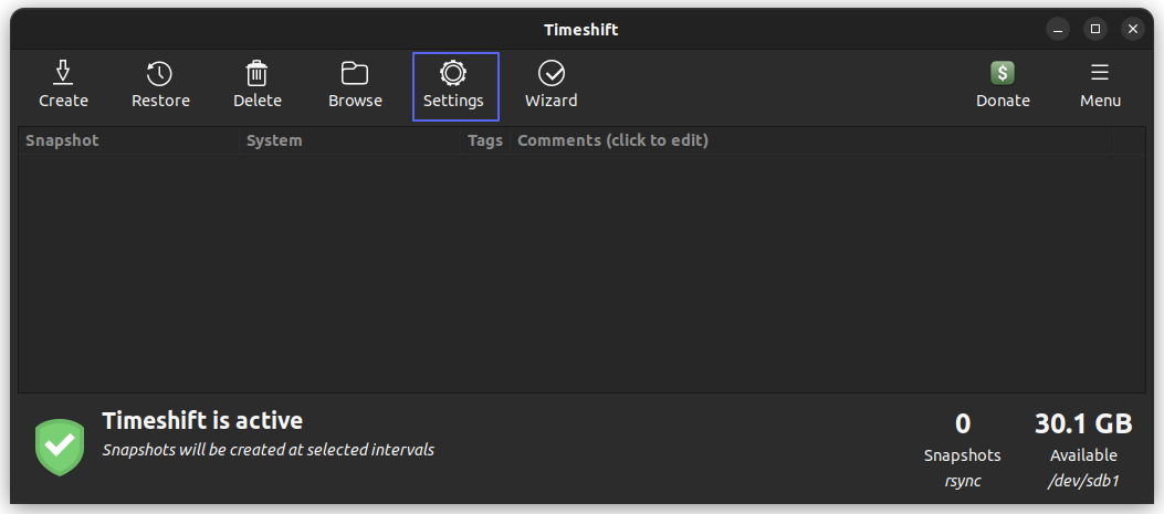 Click on the Settings button inside Timeshift for additional options