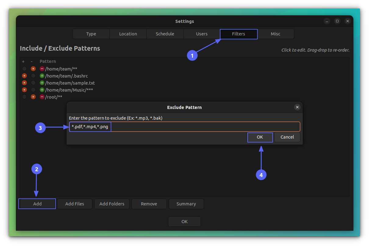 Provide extensions on the appropriate field, to make file inclusion based on extensions