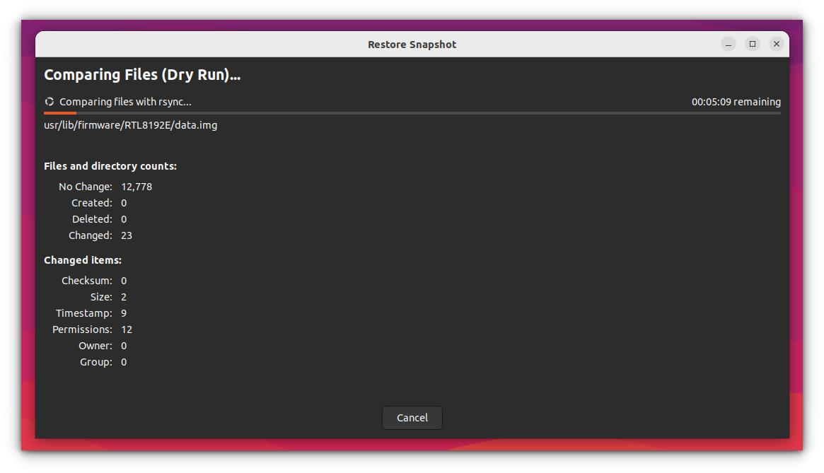 Comparing the files and a dry run is performed by Timeshift