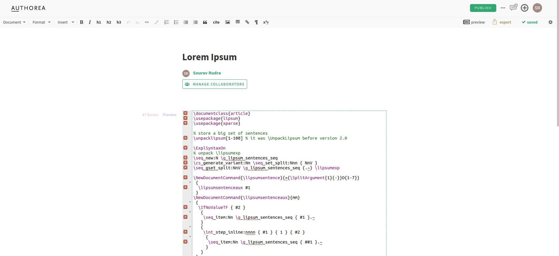 a screenshot of authorea's latex editor