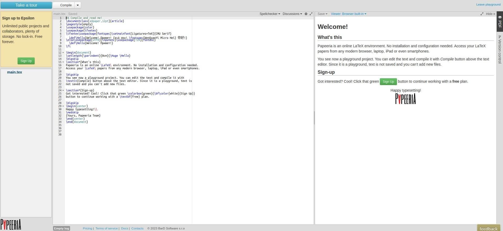 a screenshot of papeeria's latex editor