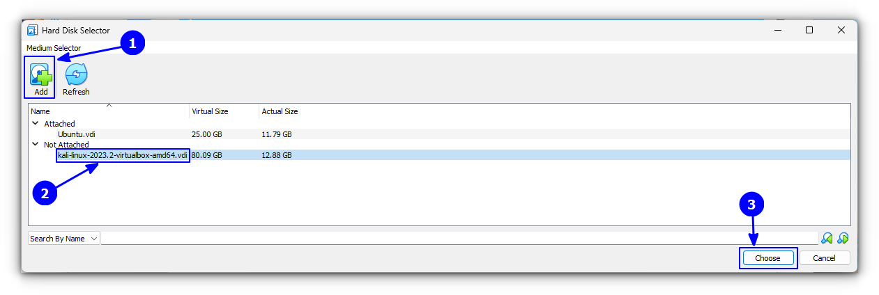 Select the Kali Linux VDI file and click on Choose button