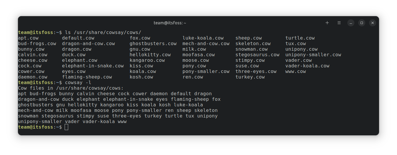 Various default cowsay cow files listed using "ls /usr/share/cowsay/cows/" and "cowsay -l"