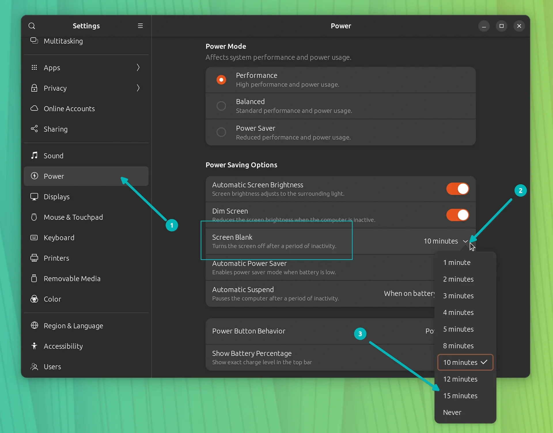 Change power settings in Ubuntu