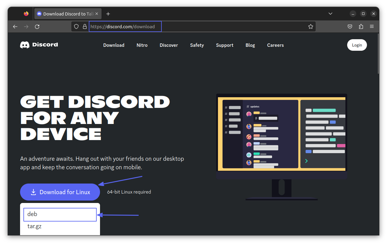 Download the Deb file of Discord from official website