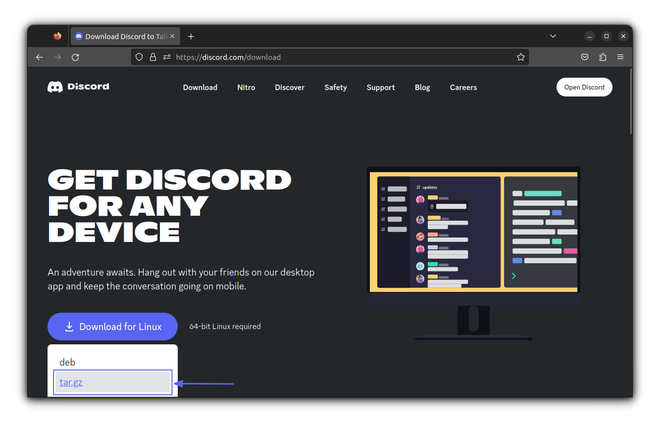 Download the TAR file of Discord from Official Discord website
