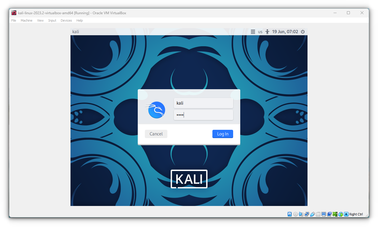 Enter the user name and password for Kali Linux on the login screen. The default username and password is "kali"